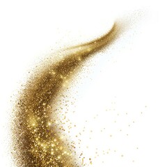 Poster - Golden glitter particles flowing and swirling, creating a dynamic, sparkling stream of light against a clean white backdrop