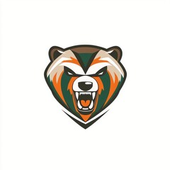 Wall Mural - Angry bear mascot head, fierce expression, white background, sports team logo