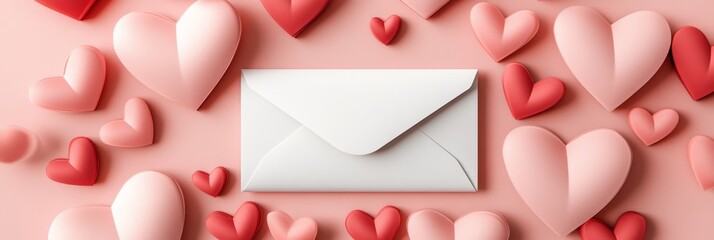 Poster - White envelope resting on a pink background, surrounded by hearts in shades of pink and red, creating a romantic scene for love themed occasions