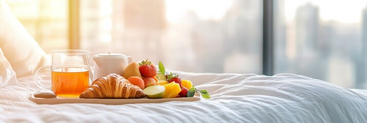 Poster - Serving fresh croissants, fruits, tea, and a teapot on a cozy bed in a hotel room, creating a delightful summer morning with a stunning cityscape view