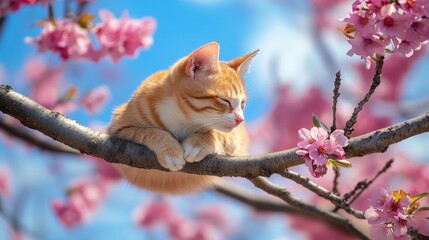 Cherry blossom branch and cute ginger cat