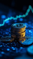 Poster - Golden bitcoins stack on rising stock chart symbolizes cryptocurrency value increase, wealth, profit, and growth in digital currency market. Dark background with hint of blue adds to aesthetic