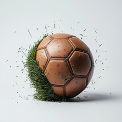 Classic design truncated icosahedron soccer ball made of leather resting on grass with fragments flying around, showcasing action and motion in a dynamic setting