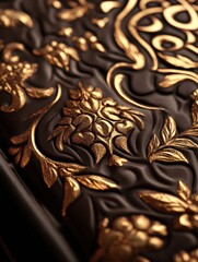 Poster - Pistachio filled chocolate bar adorned with intricate Arabic arabesque patterns and golden accents. Generative AI