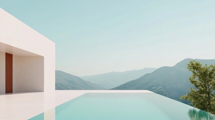 Aufkleber - Modern, minimalist architecture defining a luxury resort features an infinity pool merging with breathtaking mountain vistas under a serene sky, offering an idyllic escape