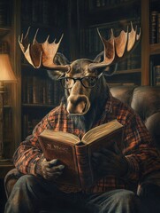 Leinwandbilder - Moose wearing reading glasses enjoys a book in a vintage library with warm lighting and wooden shelves. Generative AI