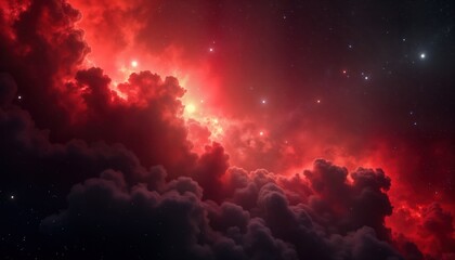 Wall Mural - red nebula glows with distant twinkling stars in deep space. glowing clouds of red gas, cosmic dust 