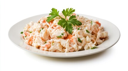 Poster - Crab salad served on a white plate, garnished with parsley, isolated on white background.