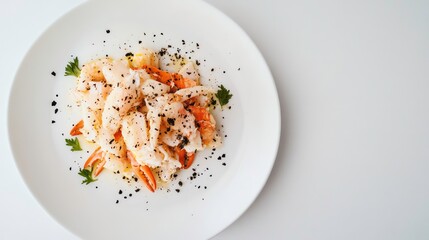 Poster - Delicious crab meat appetizer on a white plate, garnished with black pepper and parsley.