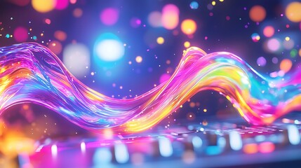 Wall Mural - Vibrant, colorful liquid wave flowing, glowing with particles and bokeh lights.