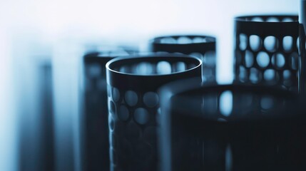 Poster - Close-up of several dark cylindrical objects with perforated patterns, shallow depth of field, cool blue tone.