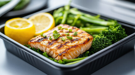 Poster - Delicious grilled salmon with lemon, broccoli, and green beans