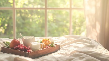 Aufkleber - Wooden breakfast tray filled with yogurt, milk, raspberries, peaches, and pineapple slices resting on bed with white sheets and sunlit window overlooking green trees