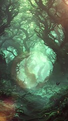Wall Mural - dark forest panorama fantasy landscape fantasy seamless looping overlay 4k virtual video animation b