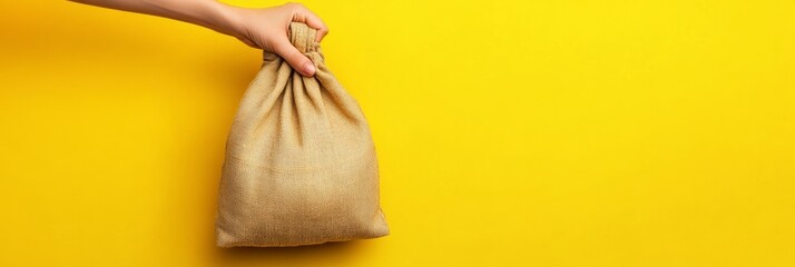 Aufkleber - Hand holding a beige burlap sack full of money, suggesting savings, investment, or earnings, against a vibrant yellow backdrop with ample copy space