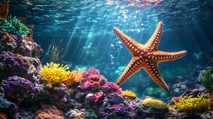 Poster - Sunbeams filtering through crystal clear ocean water illuminate a vibrant coral reef, with a starfish gracefully floating above, creating a serene and captivating underwater seascape