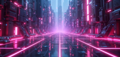 Aufkleber - Futuristic city street with glowing neon pink lights. Dark tech structures line street. Cyberpunk style with geometric patterns. Modern tech style. Abstract scene. Glowing light effect. Dynamic