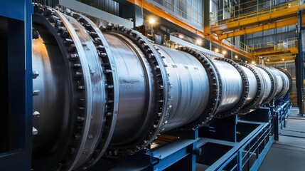 Aufkleber - industrial machinery; long metal cylinder with flanges and bolts in a factory setting.