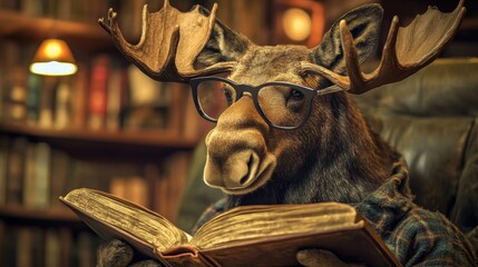 Poster - Moose with reading glasses holding a book in a vintage library surrounded by shelves filled with books. Generative AI