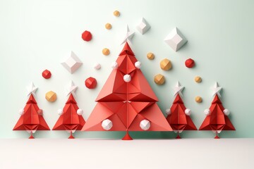 Poster - red and white origami christmas trees are growing on a minimal pastel background with geometric deco