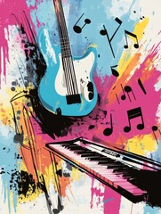 Poster - Musical instruments burst with color and creativity captured in dynamic artwork featuring guitars and pianos along with vibrant notes. Generative AI