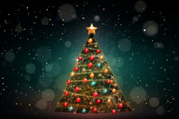 Poster - Decorated christmas tree with colorful ornaments and a golden star, perfect for holiday projects