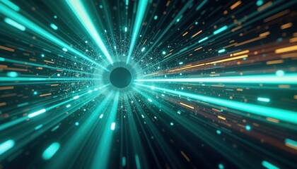 Poster - Abstract futuristic scene shows dynamic light trails. Vibrant blue, green glow creates fast motion effect. Technology, innovation theme. Cool tones blend for modern design. Central point black circle
