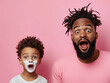© aka_artiom - Astonished Father Watches Son's First Shave: A Heartwarming Moment Against a Vibrant Pink Backdrop Celebrating the Boy's Journey to Maturity.
