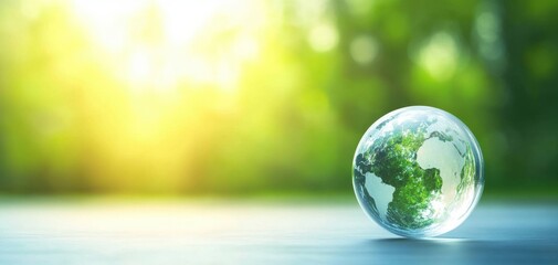 A glass globe showcasing a green planet, symbolizing sustainability and the beauty of nature under soft sunlight.