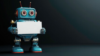 Poster - Retro robot holding blank sign against dark background.