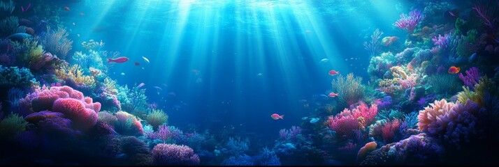 Poster - Sunbeams filtering through the ocean's surface illuminate a vibrant coral reef bustling with colorful fish and marine life, highlighting the tranquility of underwater ecosystems
