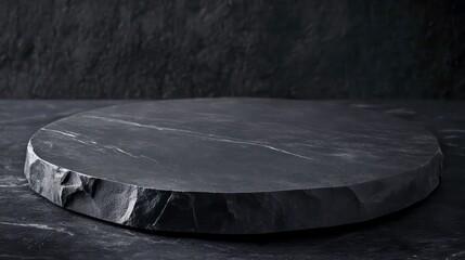Poster - Dark grey round stone pedestal on black background.