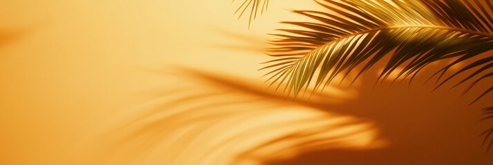 Poster - Tropical palm leaves are casting beautiful shadows on a vibrant orange wall, creating a warm and inviting atmosphere perfect for summer holiday travel and resort advertising