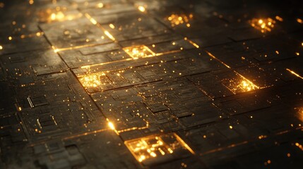 Poster - A close-up of a processor chip with glowing circuits on a dark background.