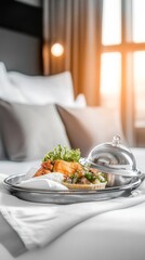 Poster - Delivering gourmet breakfast in bed with a shiny silver cloche on a beautifully arranged tray, filling a bright hotel room with sunlight for a luxurious morning