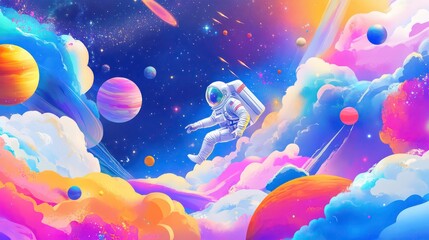 Aufkleber - Astronaut floats amidst vibrant nebula, planets, and colorful clouds in space.