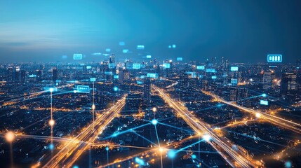 Poster - A futuristic digital cityscape with glowing lights and holograms.