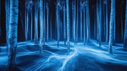 Poster - Ethereal blue light trails illuminate a dark forest at night, creating a mystical atmosphere.