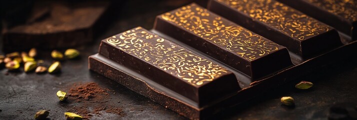 Poster - Pistachio filled chocolate bar with intricate arabesque patterns and golden accents for elegant indulgence. Generative AI