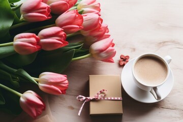 Wall Mural - Bouquet of pink tulips, gift box and cup of coffee creating a romantic atmosphere on a wooden table