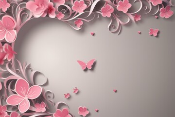 Pink paper flowers and butterflies forming a heart shape on a gray background, creating a romantic and elegant design