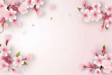 Poster - Realistic cherry blossoms create a delicate frame on a soft pink background, offering copy space for spring themed designs