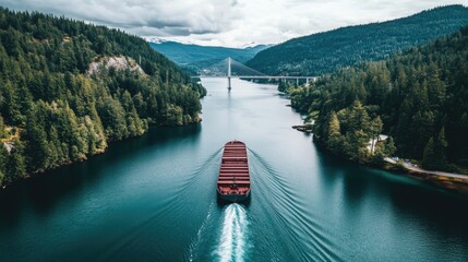 Poster - A shipping barge traveling down a wide river with a suspension bridge in view.