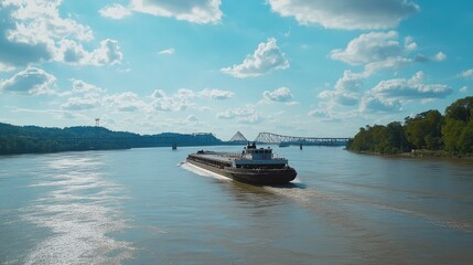 Poster - A shipping barge traveling down a wide river with a suspension bridge in view.