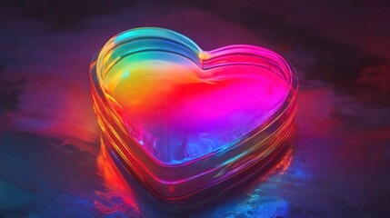 Poster - Vibrant rainbow heart shaped glass object on reflective surface.
