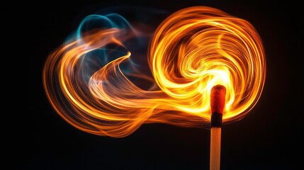 Fototapete - Abstract swirling fire and smoke from a lit match on black background.