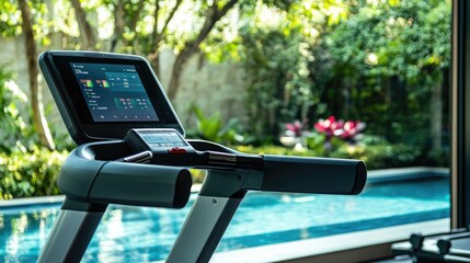 Poster - A treadmill with its display screen showing workout stats in a home gym.