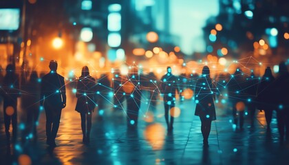 Poster - composite visual of diverse individuals connected by communication network, symbolizing management strategy, global HR, and connectivity