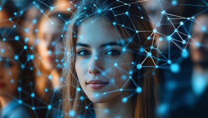 Poster - composite visual of diverse individuals connected by communication network, symbolizing management strategy, global HR, and connectivity