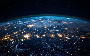 Poster - composite visual of global team connected by communication network, symbolizing diverse human resources, business strategy, and connectivity